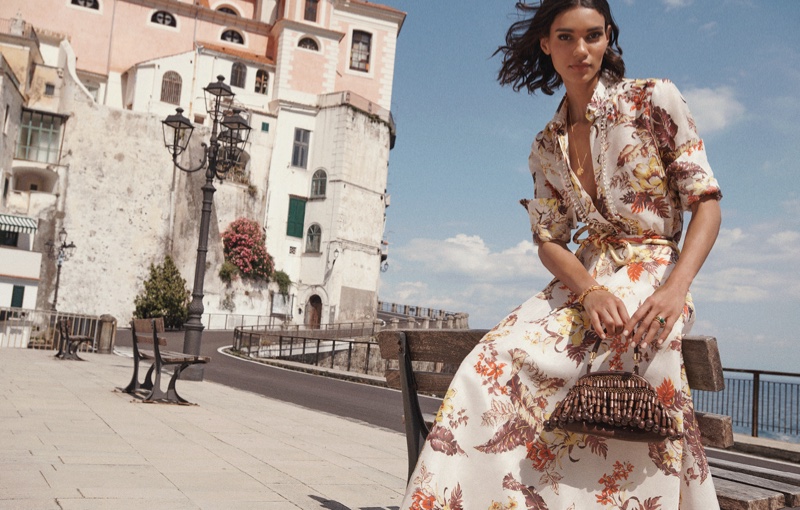 A tropical print shirt and skirt stands out for the Zimmermann resort 2024 campaign.