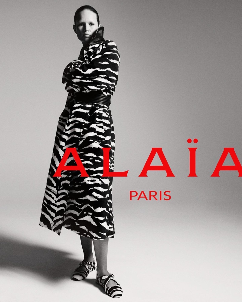 The winter-spring 2024 Alaïa collection presents a bold zebra print ensemble, paired with matching flats.