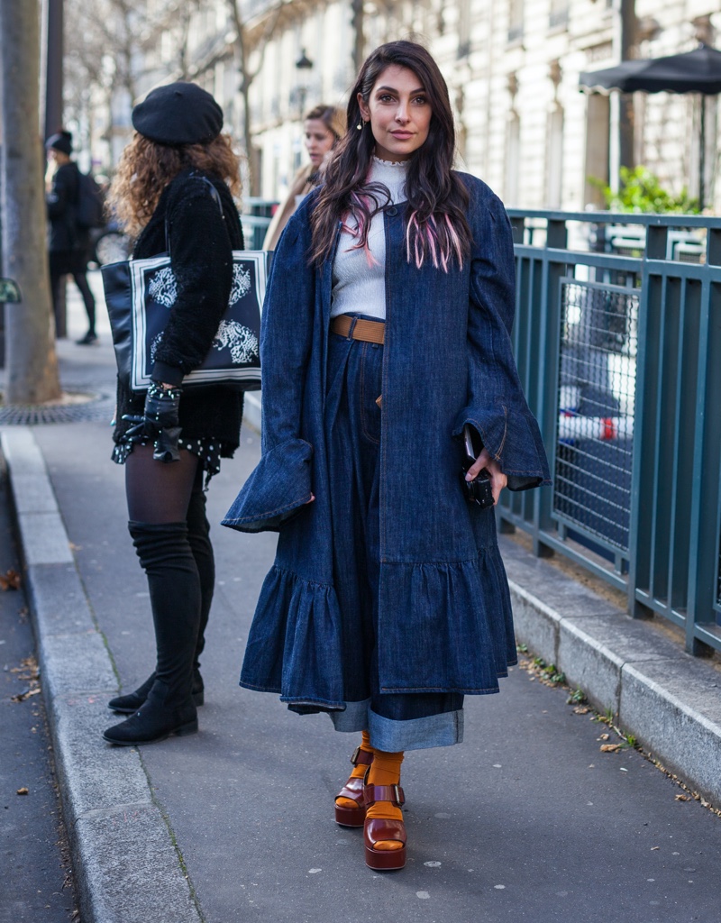 Denim Coat Long Jean Skirt Turleneck Outfit