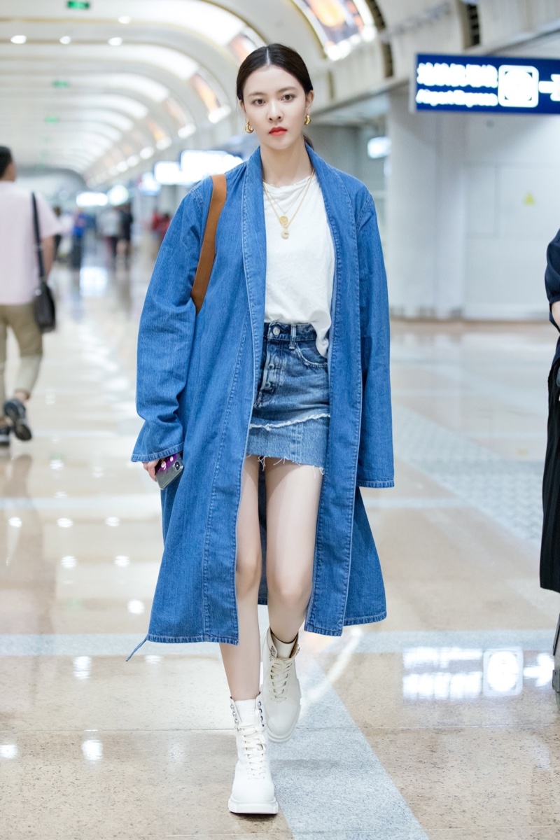 Denim Coat White Tee Mini Jean Skirt Outfit