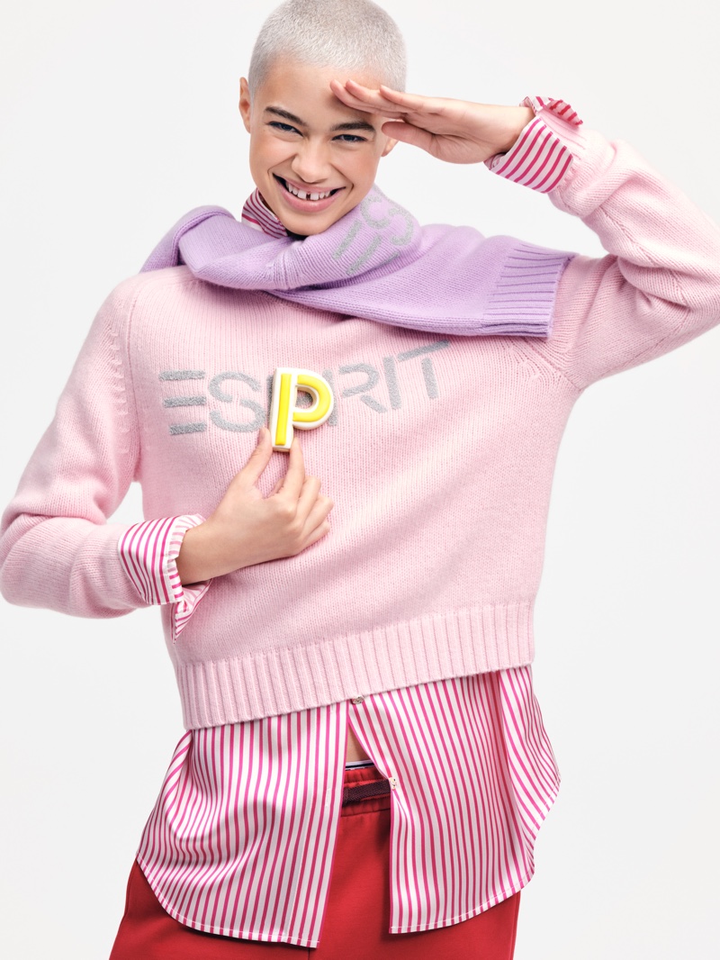 Pastel knitwear stands out in Esprit's holiday 2023 ad campaign.
