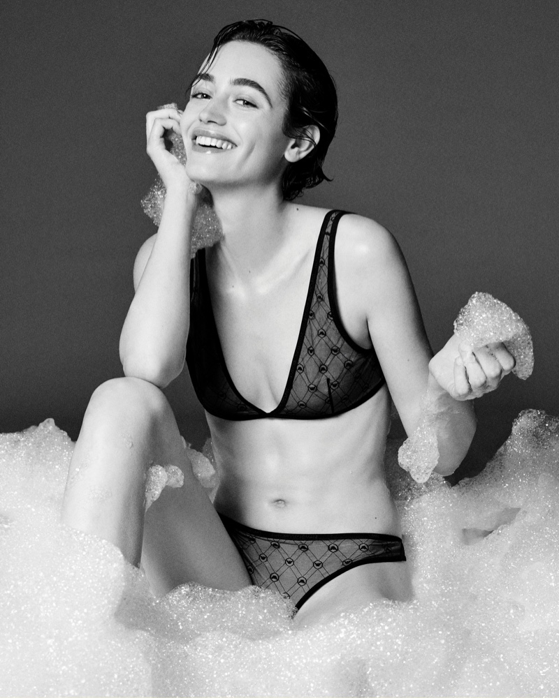 Kim Schell has a playful moment wrapped in the comfort of Emporio Armani Underwear for fall 2023.