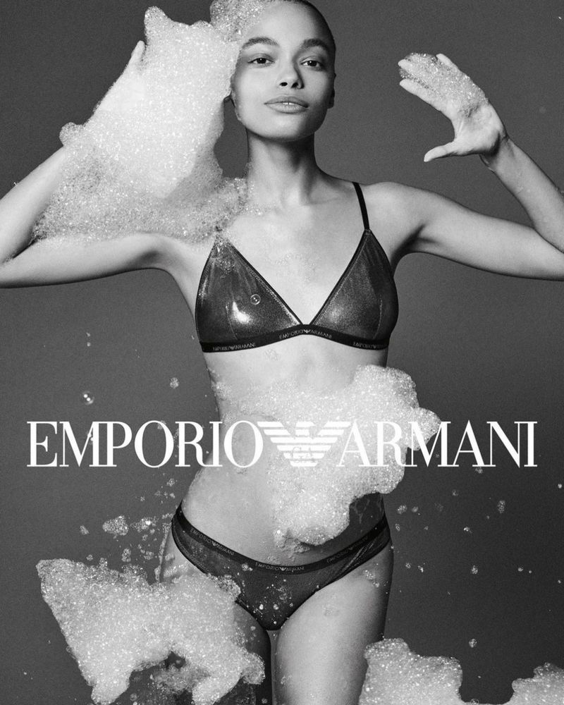 A laminated triangle bra and briefs stands out in the Emporio Armani Underwear fall-winter 2023 collection.
