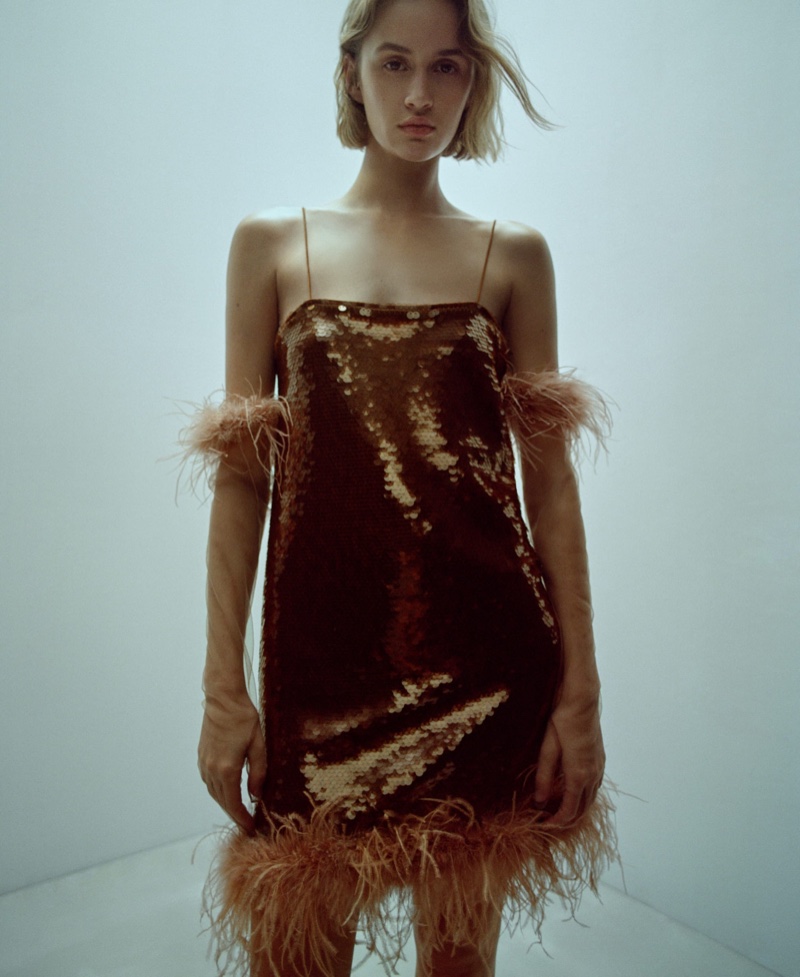 The Mango Capsule holiday 2023 collection features a sequin dress with fringe detail.
