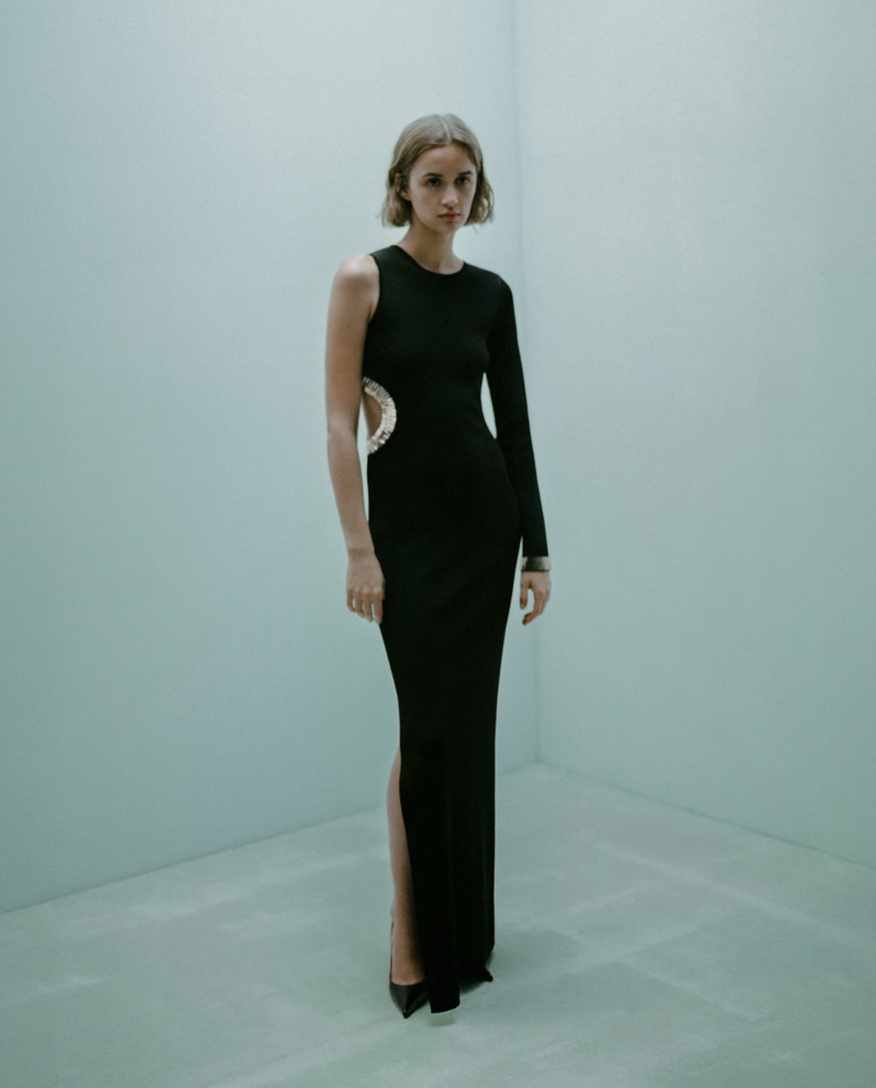 Exude pure elegance with the Mango Capsule asymmetrical long dress with a side slit.