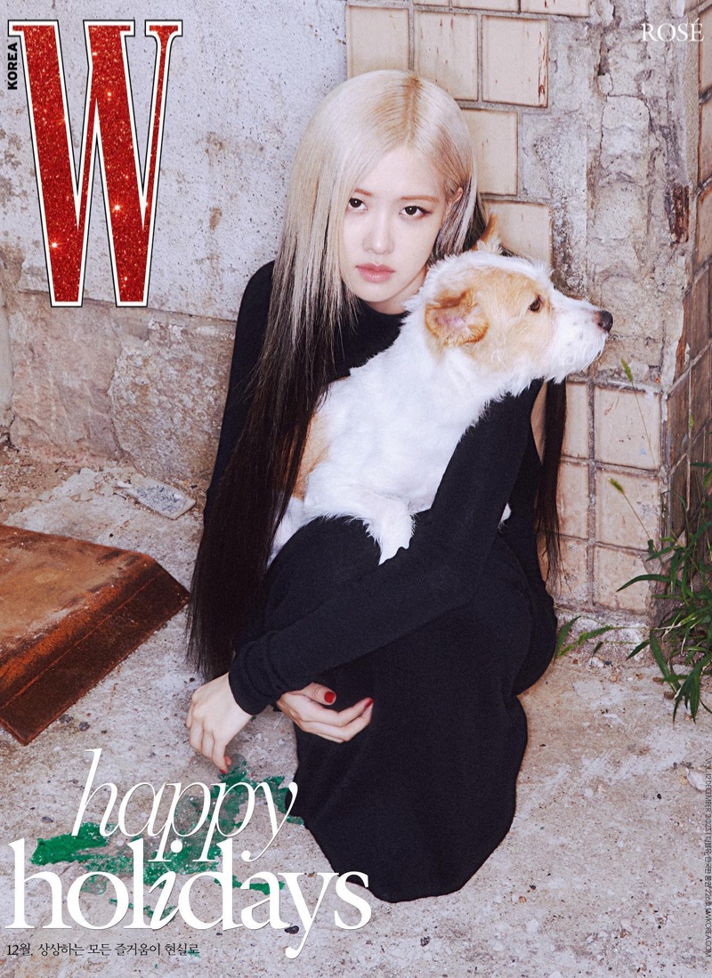 Blackpink member Rosé poses with her dog Hank for W Korea's Vol. 12 cover.