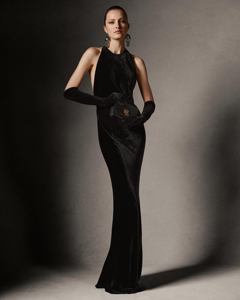 Ralph Lauren features velvet gown worn by Felice Noordhoff in holiday 2023 advertisements.