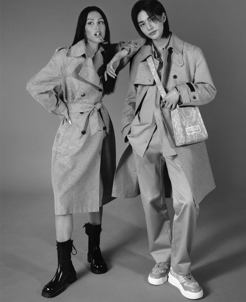 Textured trench coats and chunky footwear stand out in Versace's holiday 2023 collection.