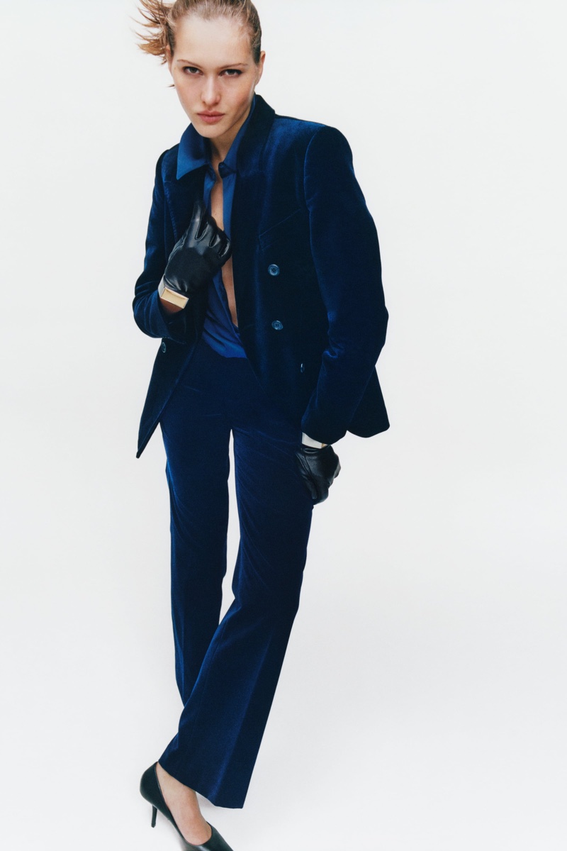 Zara features velvet power suit with blazer, pants, and gloves.