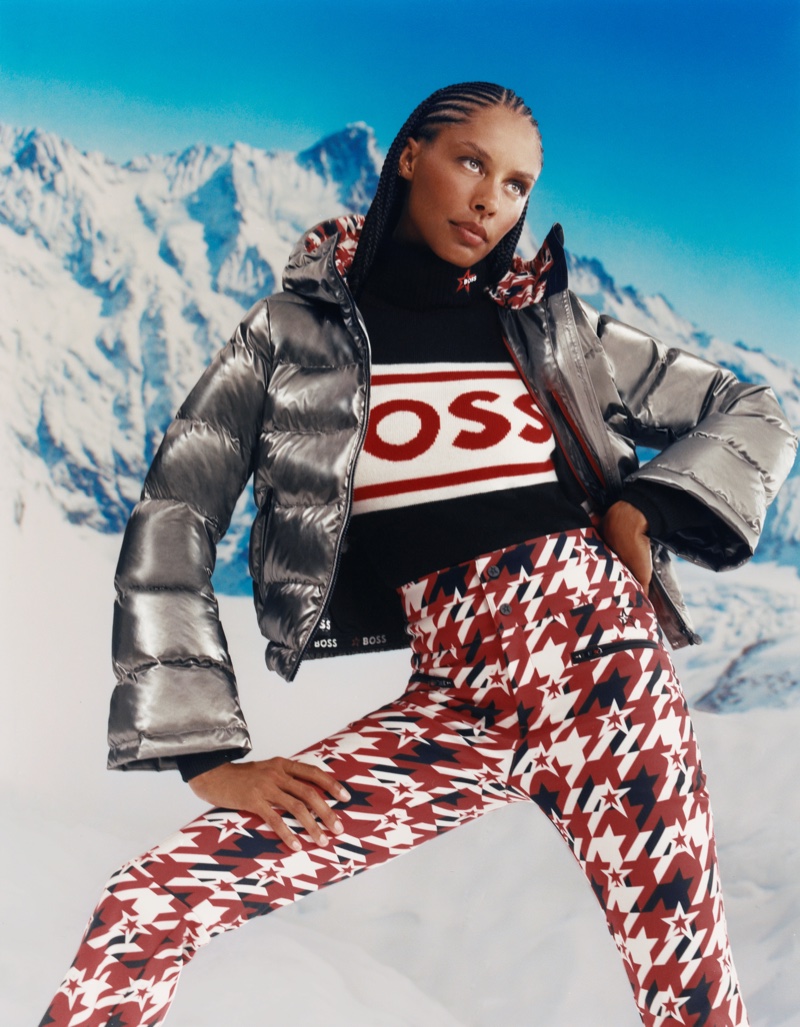 A metallic puffer jacket and star-patterned ski pants from the BOSS x Perfect Moment fall-winter 2023 collection is ready to hit the slopes.