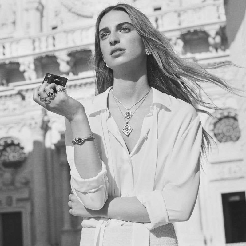 Elegance captured in monochrome, with Talita von Furstenberg showcasing Buccellati's Opera collection of jewelry pieces.