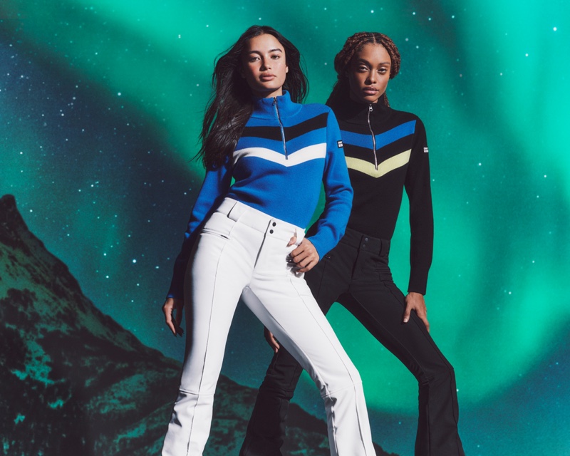 DKNY Tech features ski sweaters and pants against an aurora-inspired backdrop.