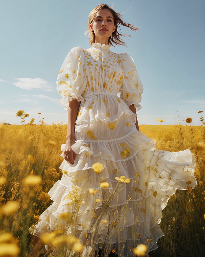 Bold blooms adorn Desigual's billowing white dress with tiered layers, a spring 2024 On Demand highlight.