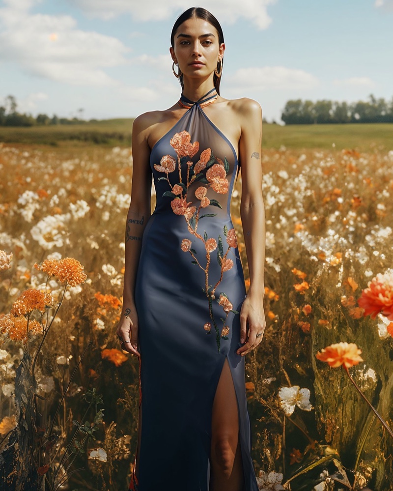 Sleek and striking, Desigual's spring 2024 collection features an embroidered halter gown.