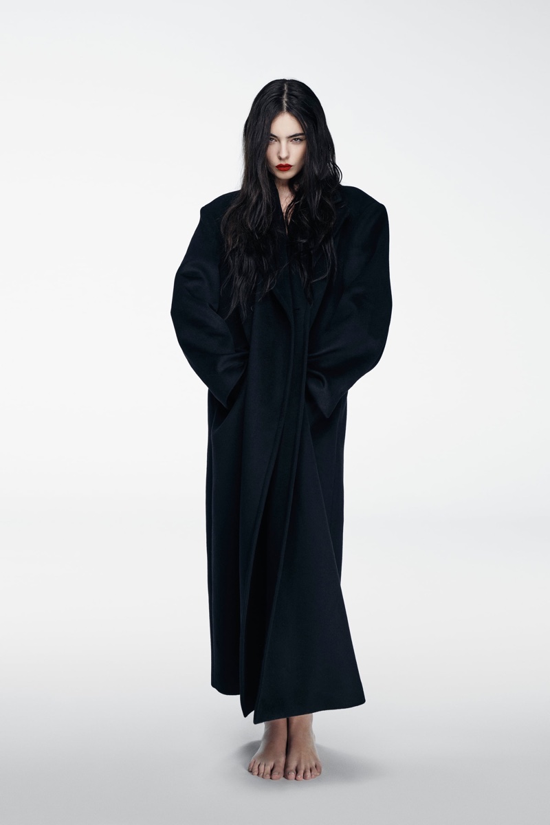 Deva Cassel exudes enigmatic allure in an oversized felt texture coat from Zara's winter capsule collection.