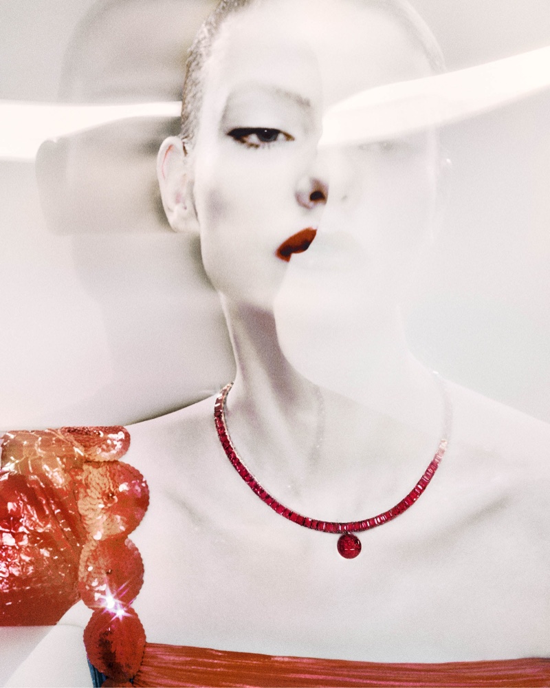 A luminous red necklace commands attention from the Giorgio Armani Privé Haute Joaillerie collection.