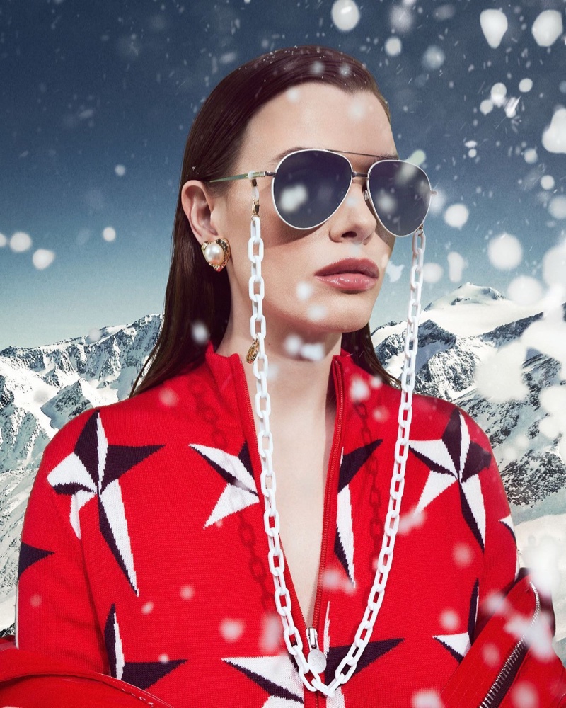 Amidst a flurry of snowflakes, Linda Farrow spotlights the Marcelo, classic aviator shades for its White Christmas 2023 campaign.