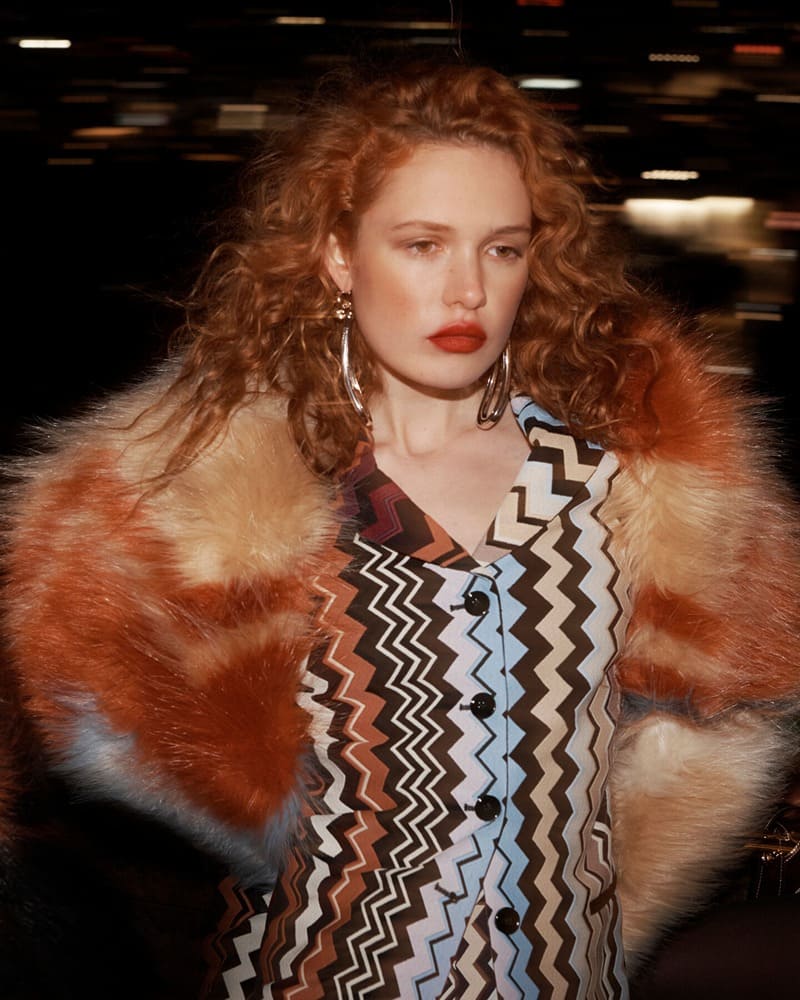 A fiery blend of color and pattern, Missoni features a zigzag print dress and vibrant faux fur coat.