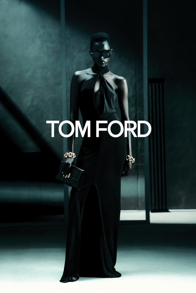 Alaato Jazyper wears Tom Ford dress with a cut-out detail in classic black that never goes out of style for spring 2024.