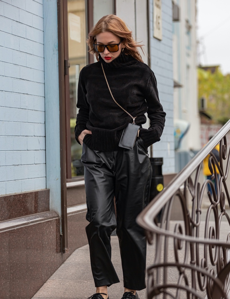 Turtleneck Leather Pants Dressy Casual Outfit