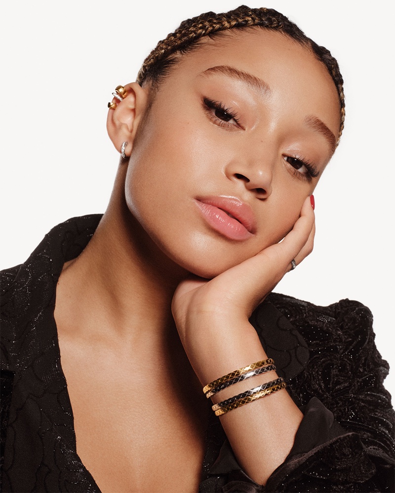Chanel's 2024 ad captures Amandla Stenberg's elegant profile with Coco Crush jewelry.