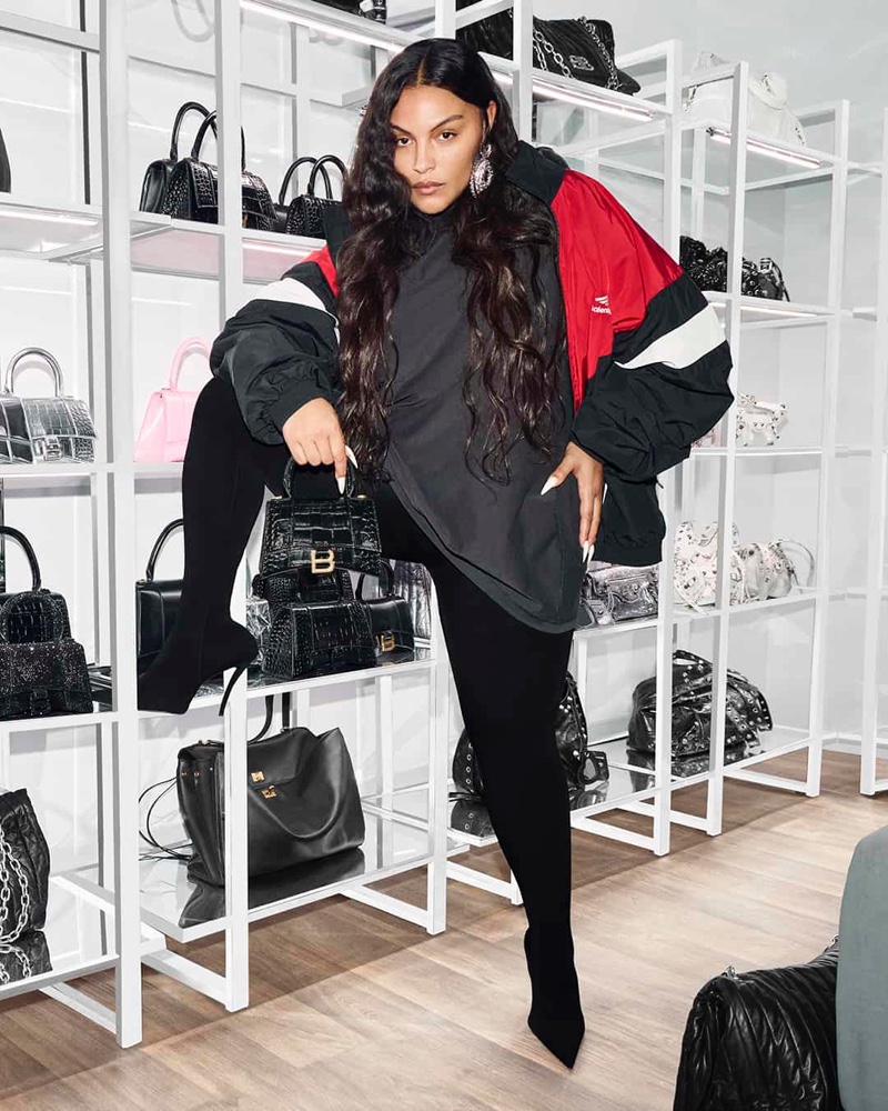 Striking a pose in a sporty look, Paloma Elsesser fronts Balenciaga Closet campaign for 2024.