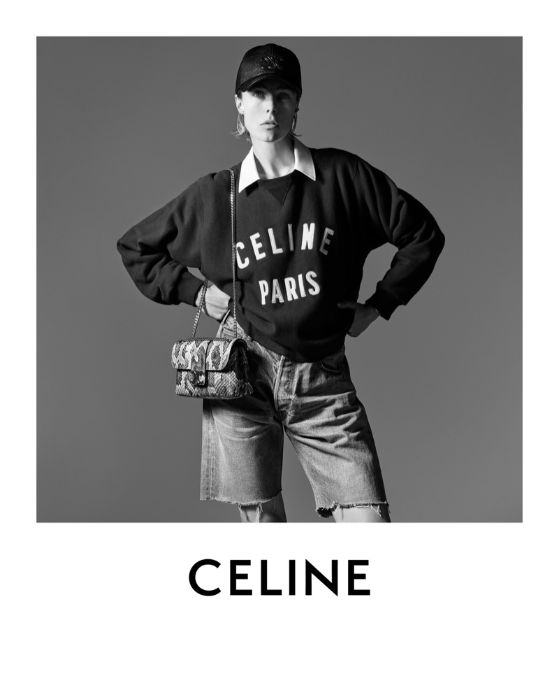 Casual chic defined: Edie Campbell in a logo sweater and denim for Celine's summer 2024 campaign.