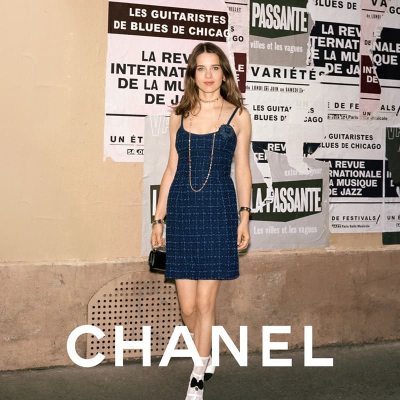Rebecca Marder takes to the streets in Chanel's pre-collection for spring-summer 2024, styled with a classic tweed dress.