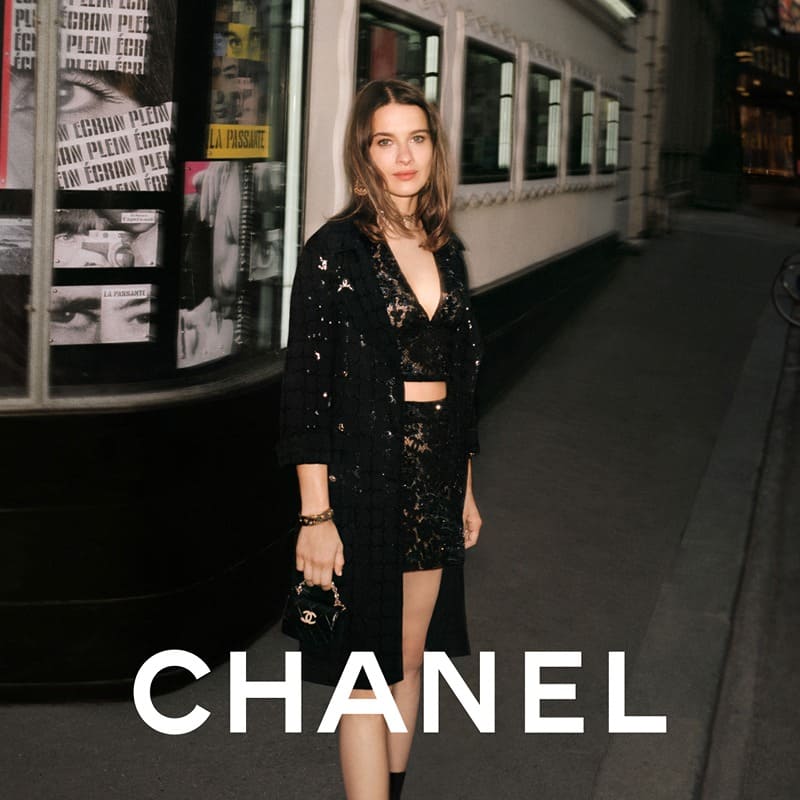 Evening allure: Rebecca Marder dazzles in Chanel's pre-collection for spring, complemented by embellished black lace.