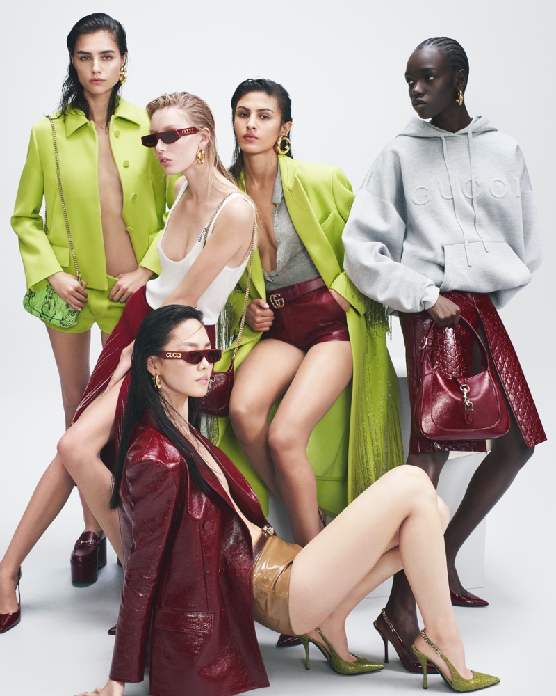 The Gucci spring 2024 campaign features a vibrant mix of neon and leather, encapsulating the season's electric essence.