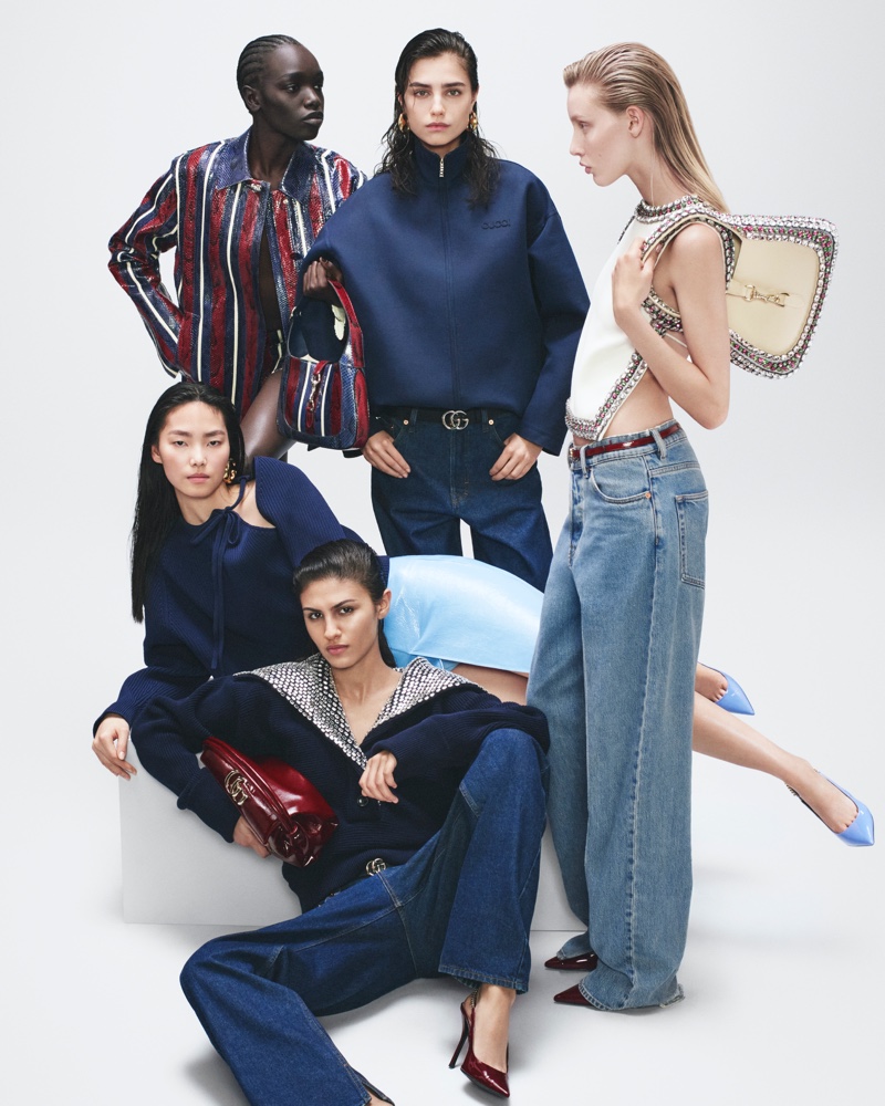 Denim meets sophistication in Gucci's spring 2024 campaign, featuring models Ana Rossolovich, Fadia Ghaab, Jiahui Zhang, Nyajuok G, and Violet Hume.