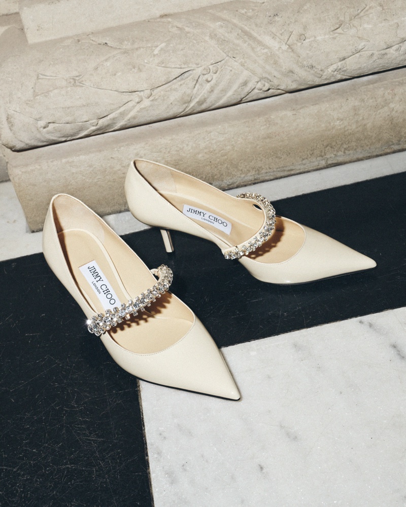 Elegance dazzles with Jimmy Choo for the 2024 bridal season, showcasing ivory pumps with crystal embellishments.