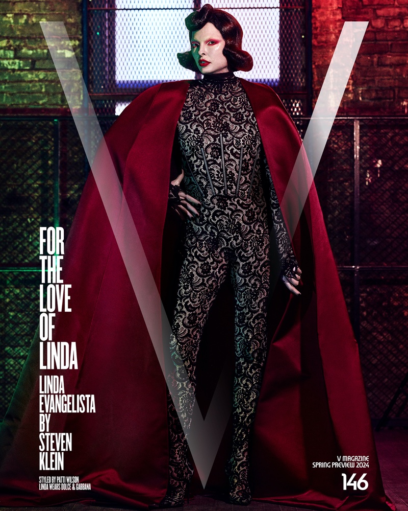 Supermodel Linda Evangelista shows off Dolce & Gabbana look for V Magazine Spring Preview 2024 cover.