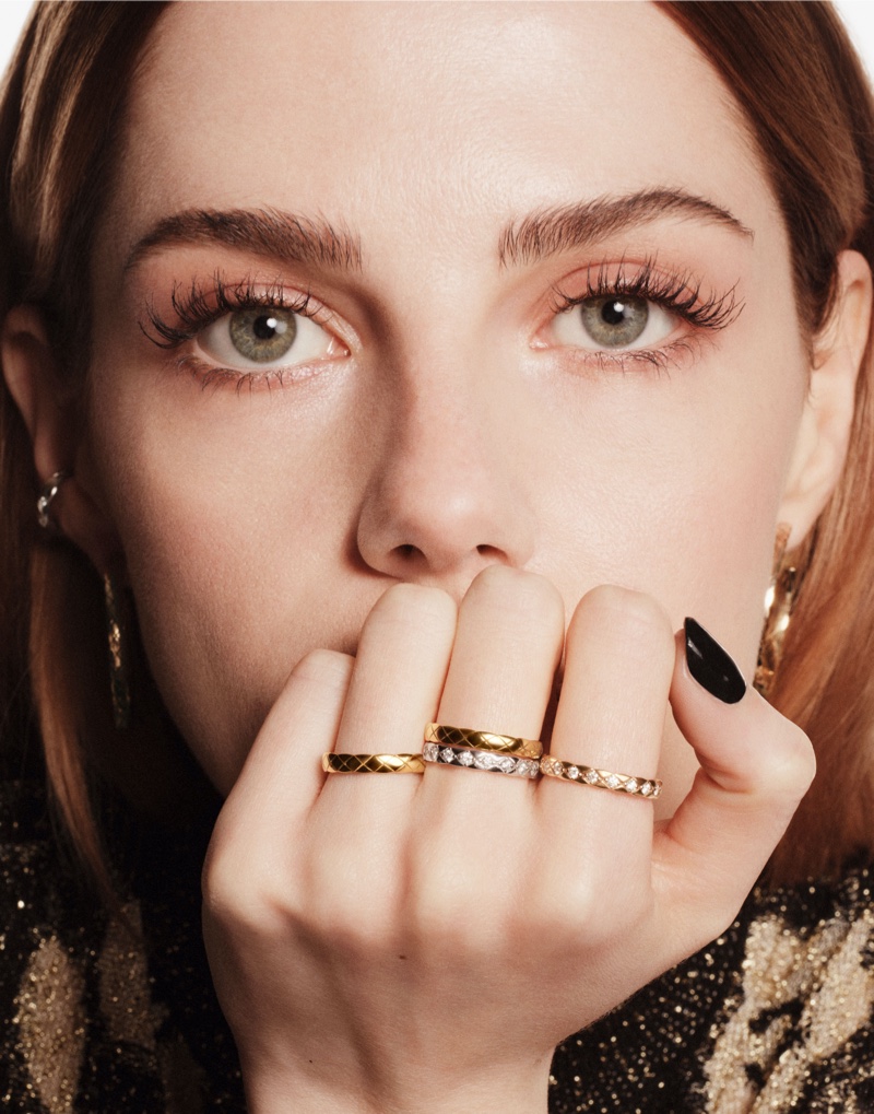 Ready for her closeup, Lucy Boynton showcases the Chanel Coco Crush rings.