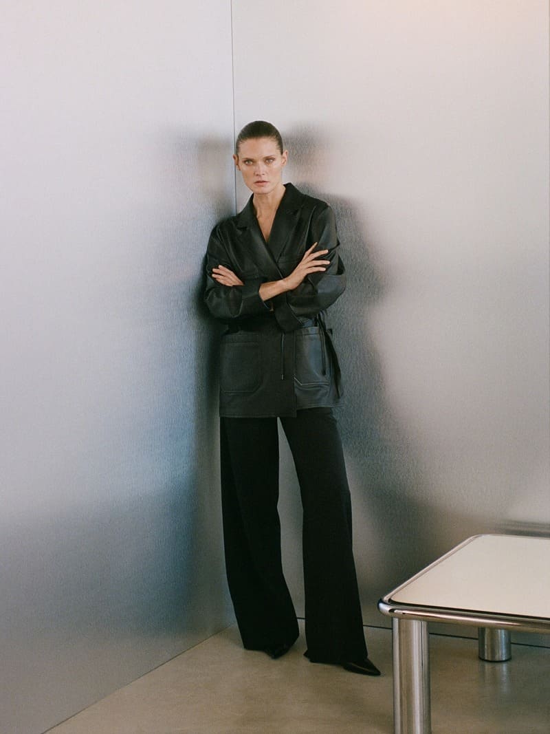The epitome of chic: Malgosia Bela in a tailored leather ensemble from Massimo Dutti's 2024 collection.