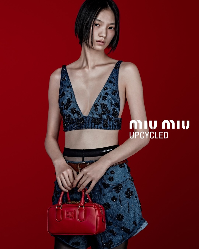 Denim gets a dazzling twist in Miu Miu Upcycled's 2024 collection featuring an embellished bralette and shorts.