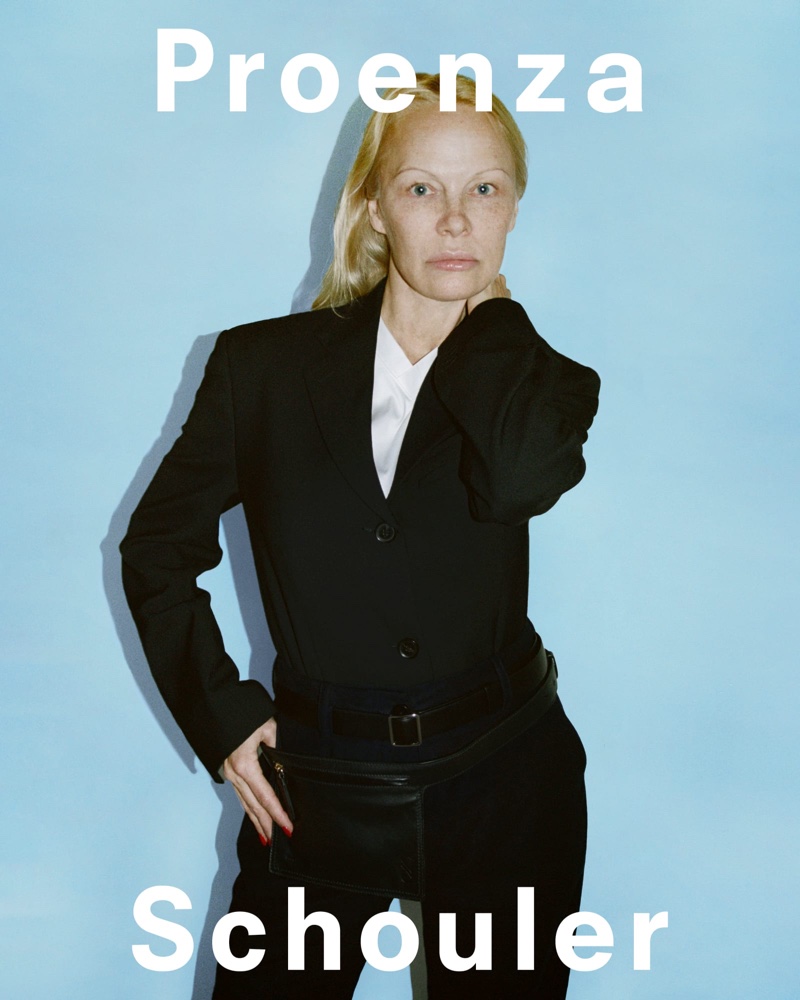 Pamela Anderson redefines elegance in Proenza Schouler's spring 2024 line, showcasing a sleek black suit.