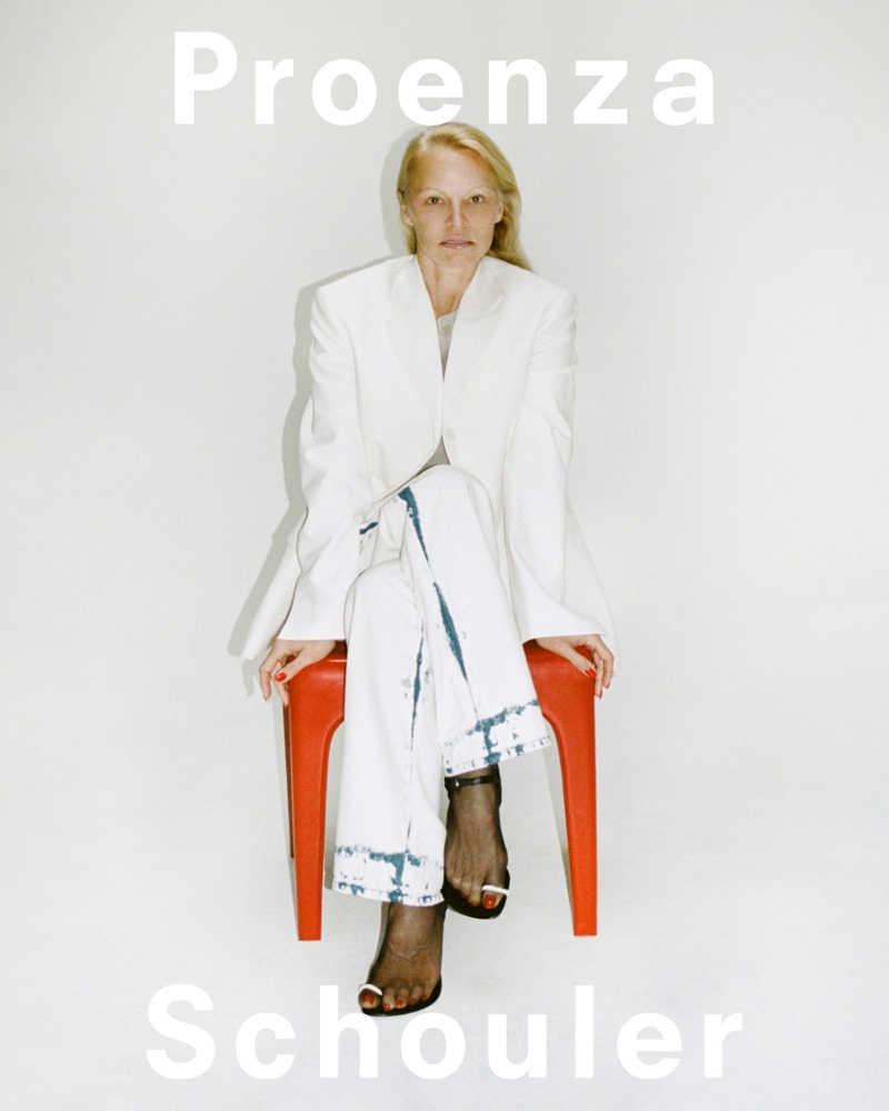 Proenza Schouler's spring-summer 2024 collection brings a fresh perspective with Pamela Anderson in a crisp white blazer and tie-dye pants.