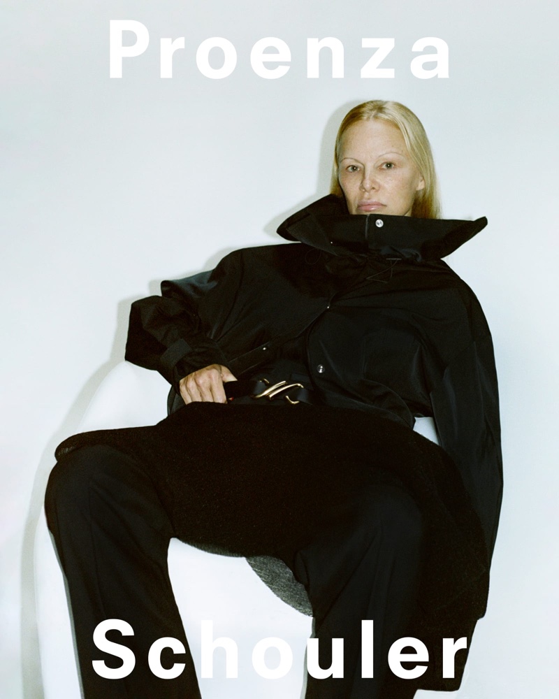 Pamela Anderson brings a touch of intrigue to Proenza Schouler's spring-summer 2024 campaign in a black outfit with a structured anorak.