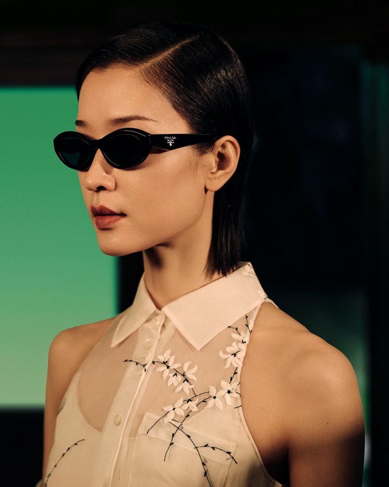 Celebrating Lunar New Year 2024, Prada spotlights Du Juan in ornate eyewear and a delicately detailed blouse.
