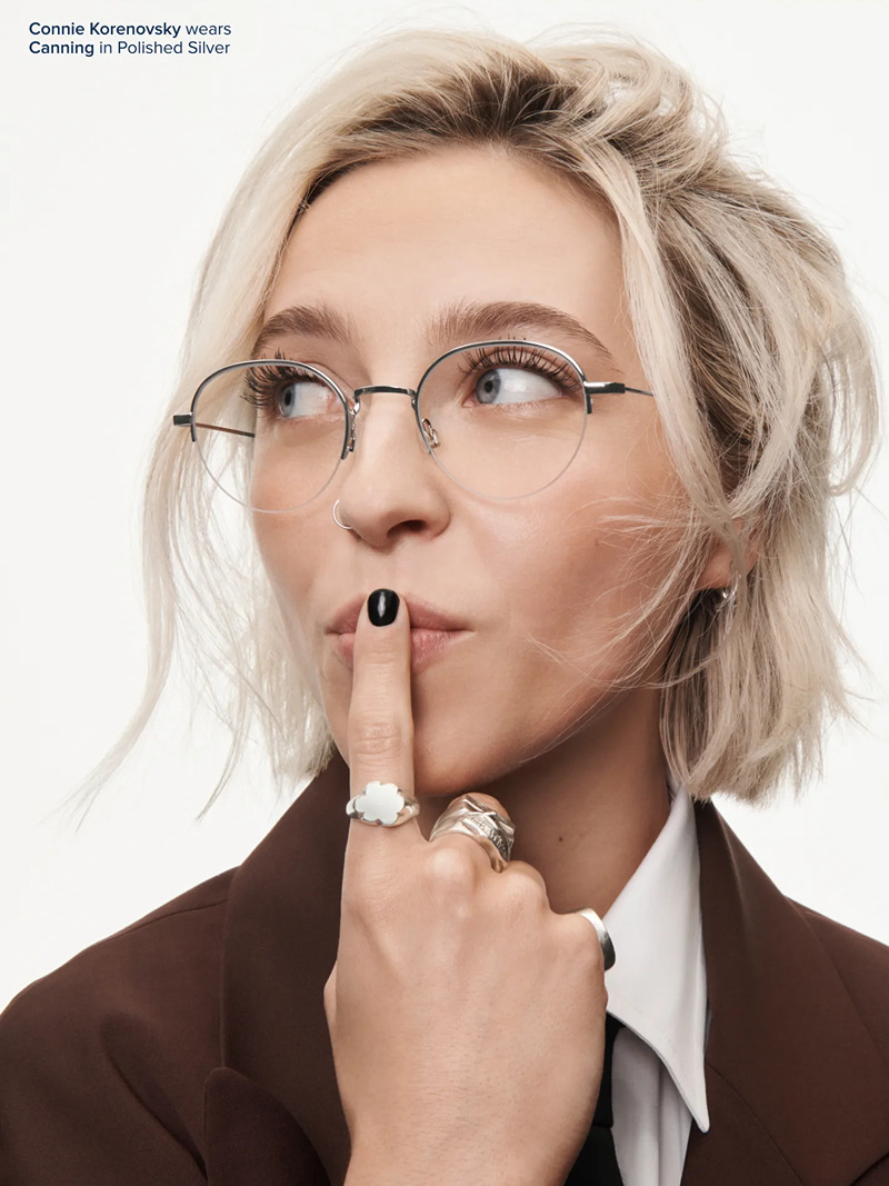 Connie Korenovsky wears Warby Parker's Canning glasses in Polished Silver.