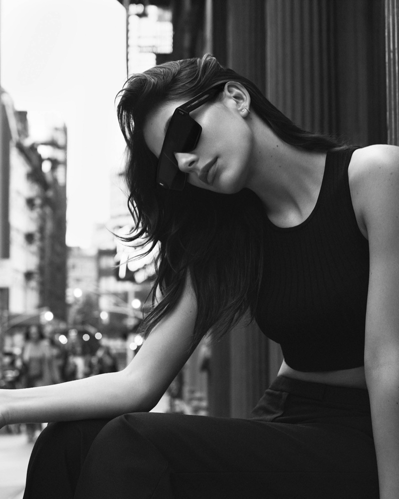 The New York City backdrop highlights Camila Morrone's elegant pose for Calvin Klein Eyewear 2024.