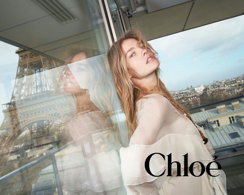 Natalia Vodianova with a reflective pose for the Chloé Portraits 2024 campaign.