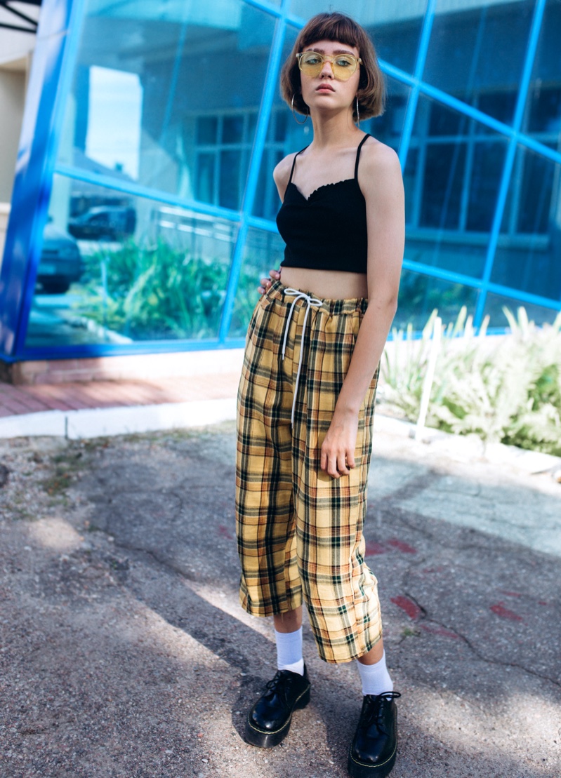 Crop Top Checkered Trousers Indie Aesthetic Outfit