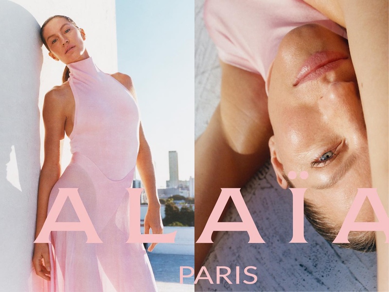 Embracing warm weather, Gisele Bundchen looks pretty in a pink dress from Alaïa's winter-spring 2024 collection.