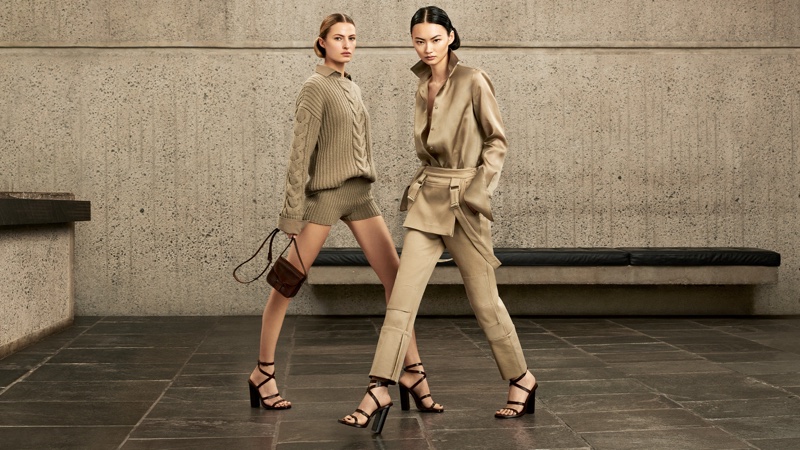 Felice Nova Noordhoff and He Cong model textured knits and tailored separates for the Max Mara spring 2024 campaign.