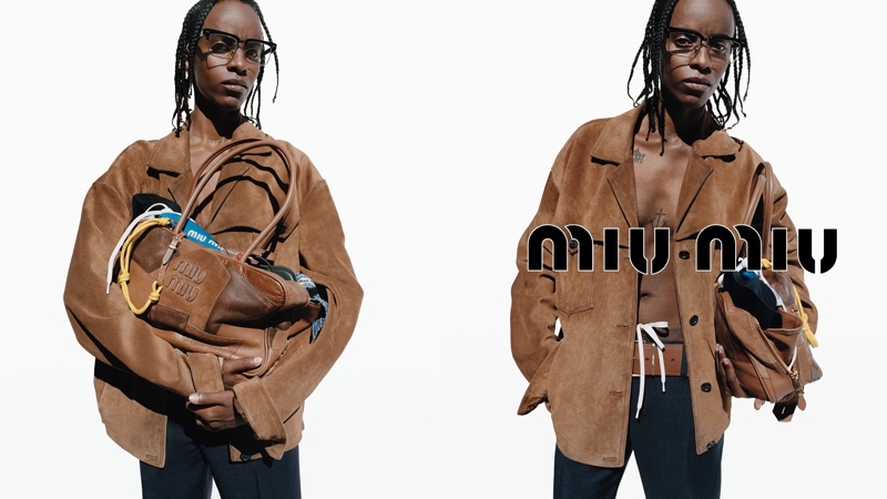 Angel Haze embraces a suede shirt jacket for Miu Miu's spring-summer 2024 ad.