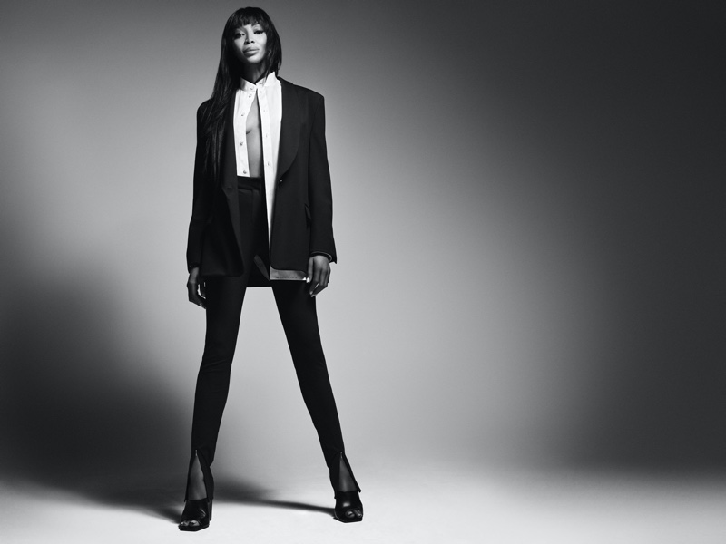 The Naomi x BOSS campaign showcases the timeless elegance of a tuxedo-inspired ensemble.