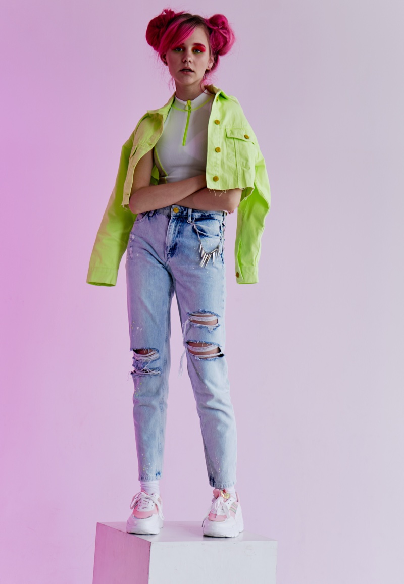 Neon Jacket Ripped Jeans Indie Aesthetic Outfit