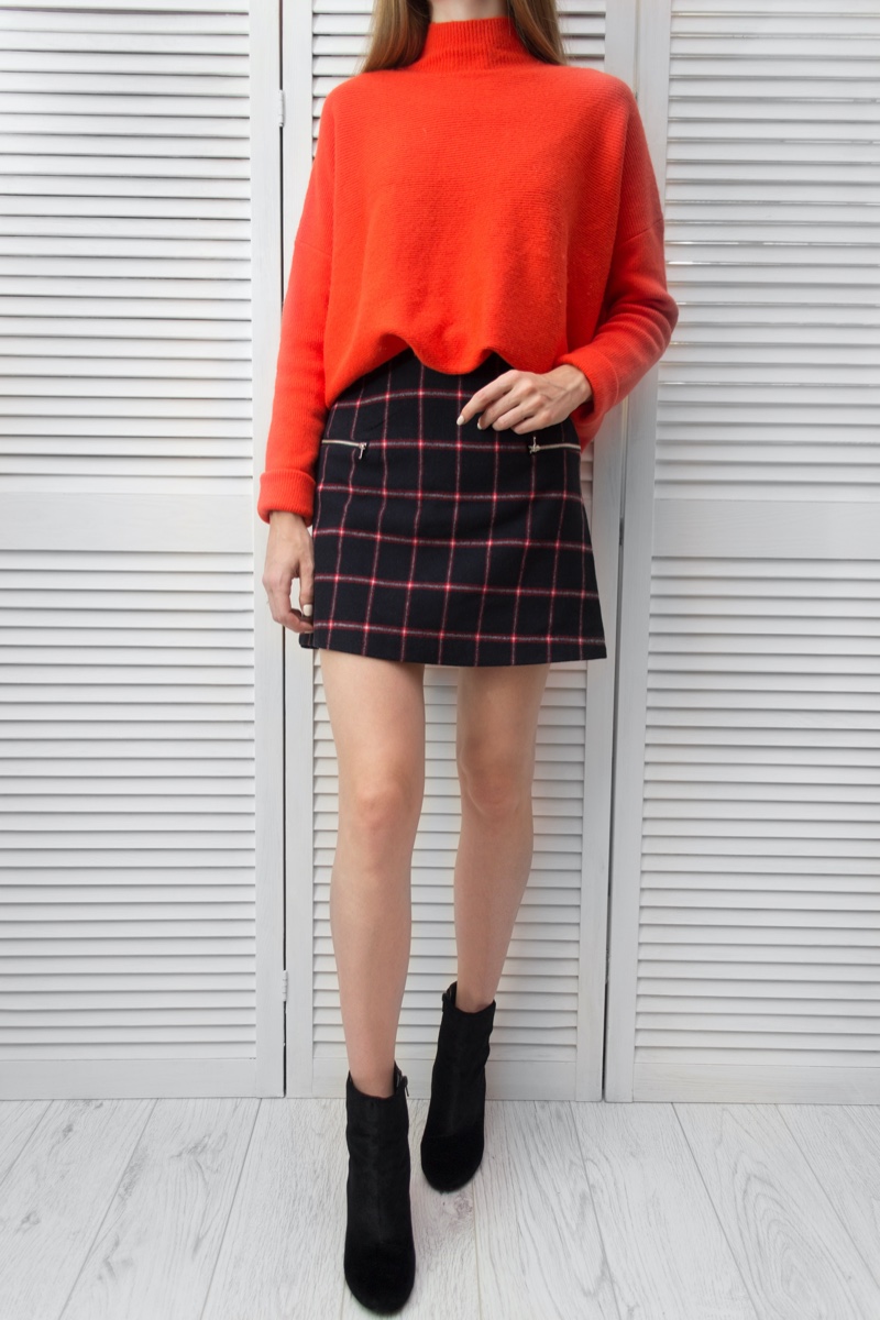 Orange Sweater Plaid Mini Skirt Outfit